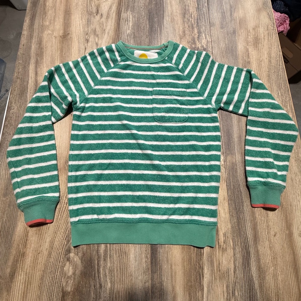 Mini Boden Kids Green White Striped Terry Cloth Sweatshirt Size 9-10Y Raglan